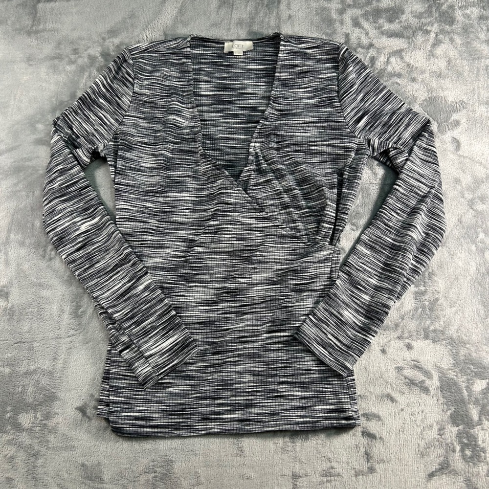 LOFT Outlet Women's‎ Medium Black White Striped Faux Wrap Knit Top